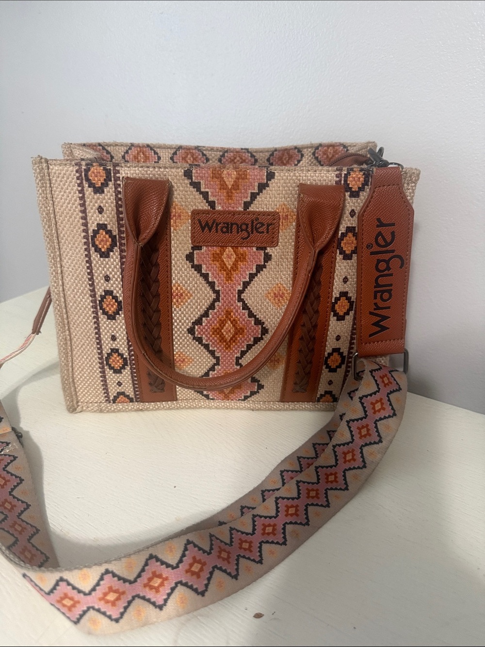 Wrangler Tan & Brown Aztec Woven Tote with Patterned Strap